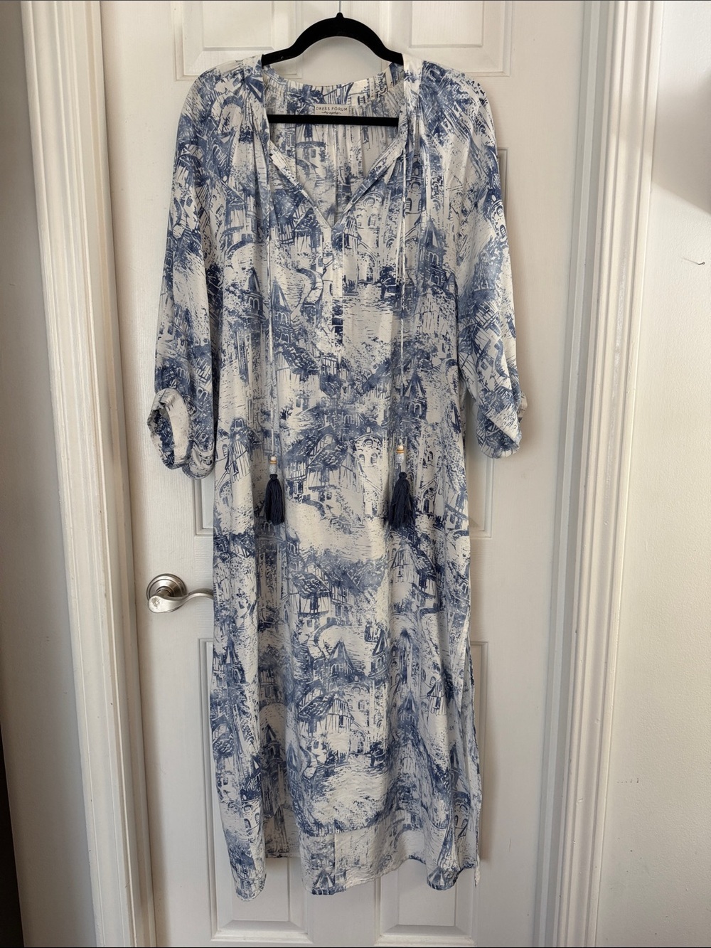 Blue and White Printed Maxi Dress with Tassel Ties dress forum size small